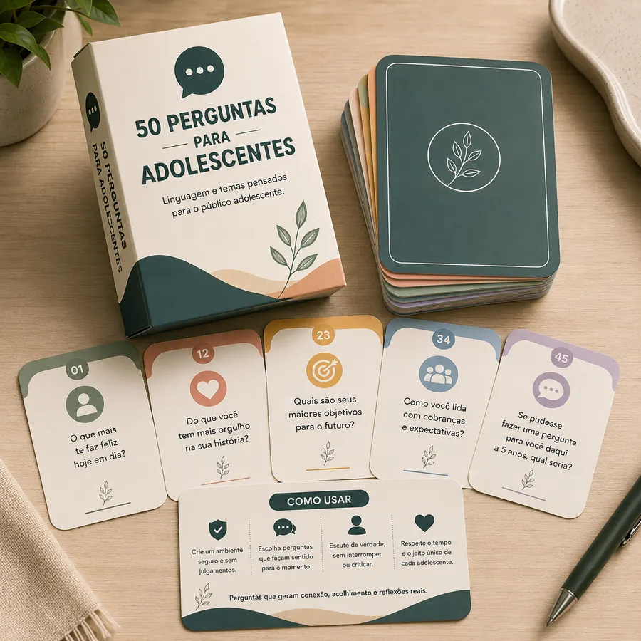 Folhas e cartas com perguntas para adolescentes