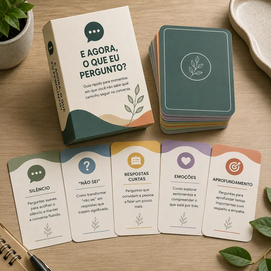 Caixa e cartas do guia “E Agora, O Que Eu Pergunto?” sobre a mesa