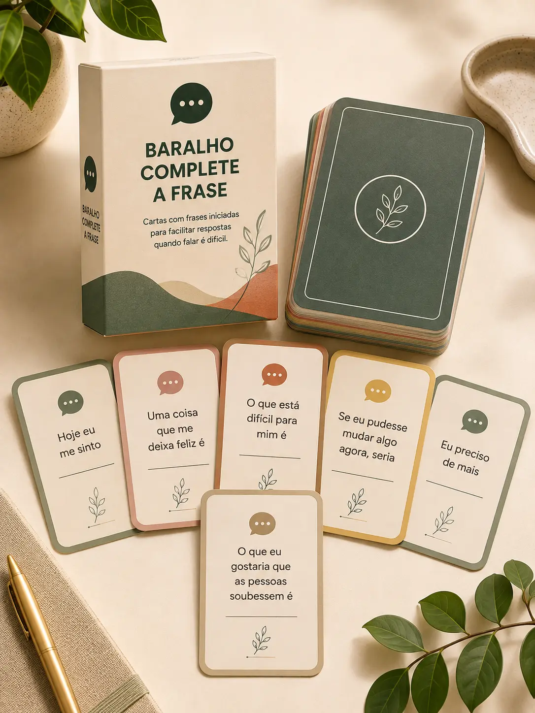 Várias cartas do baralho Complete a Frase espalhadas