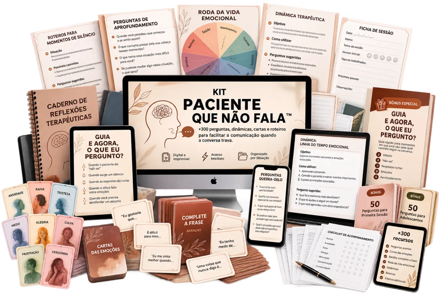 Mockup completo do Kit Paciente que Não Fala com cadernos, cartas, tablets, roda emocional e dezenas de materiais terapêuticos